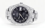 Womens Diamond Iced Out Rolex Datejust 25 Carats Of Diamonds Custom Grey Roman Numeral Diamond Dial Two Row Oyster Band Replica