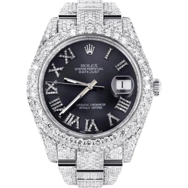 Womens Diamond Iced Out Rolex Datejust 25 Carats Of Diamonds Custom Grey Roman Numeral Diamond Dial Two Row Oyster Band Replica