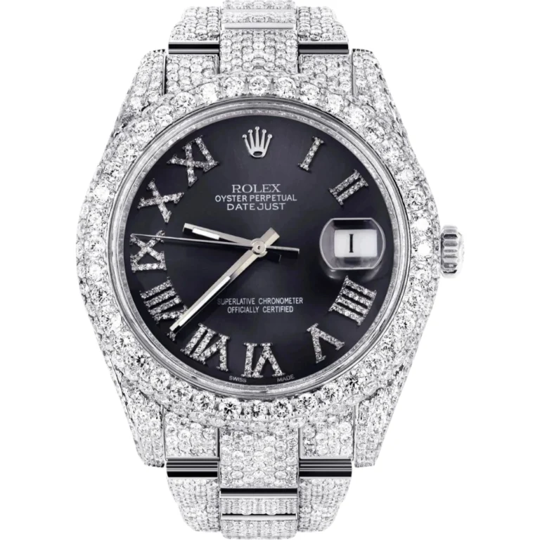 Womens Diamond Iced Out Rolex Datejust 25 Carats Of Diamonds Custom Grey Roman Numeral Diamond Dial Two Row Oyster Band Replica