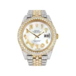 Womens Diamond Iced Out Rolex Datejust 25 Carats Of Diamonds Custom Mother of Pearl Arabic Numeral Diamond Dial Replica
