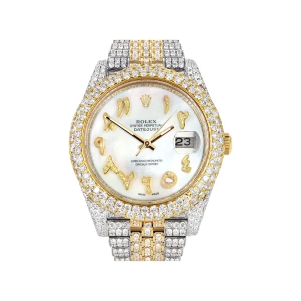 Womens Diamond Iced Out Rolex Datejust 25 Carats Of Diamonds Custom Mother of Pearl Arabic Numeral Diamond Dial Replica