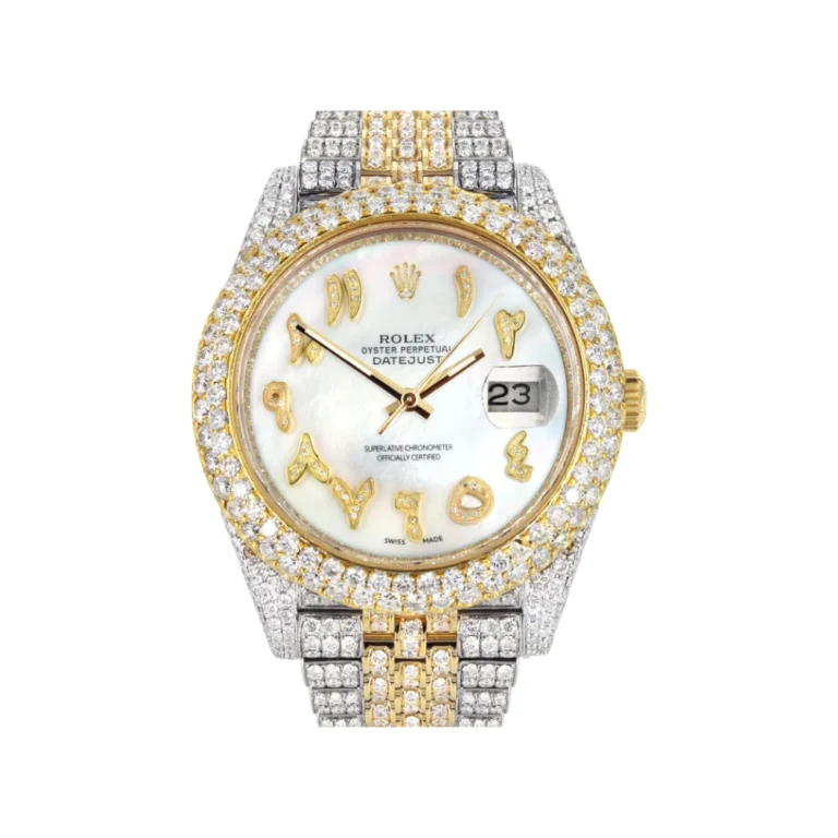 Womens Diamond Iced Out Rolex Datejust 25 Carats Of Diamonds Custom Mother of Pearl Arabic Numeral Diamond Dial Replica