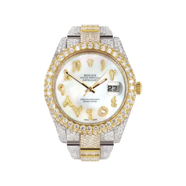 Womens Diamond Iced Out Rolex Datejust 25 Carats Of Diamonds Custom Mother of Pearl Arabic Numeral Diamond Dial Replica