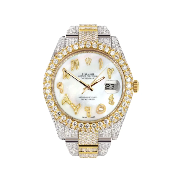 Womens Diamond Iced Out Rolex Datejust 25 Carats Of Diamonds Custom Mother of Pearl Arabic Numeral Diamond Dial Replica