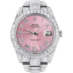 Womens Diamond Iced Out Rolex Datejust 25 Carats Of Diamonds Custom Pink Roman Numeral Diamond Dial Two Row Oyster Band Replica