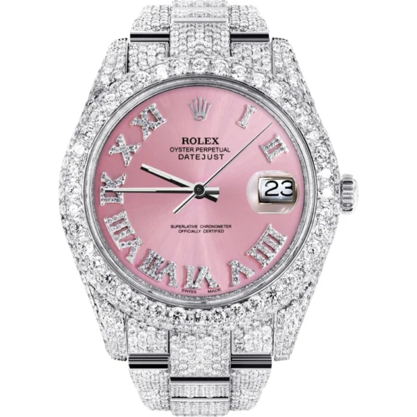 Womens Diamond Iced Out Rolex Datejust 25 Carats Of Diamonds Custom Pink Roman Numeral Diamond Dial Two Row Oyster Band Replica