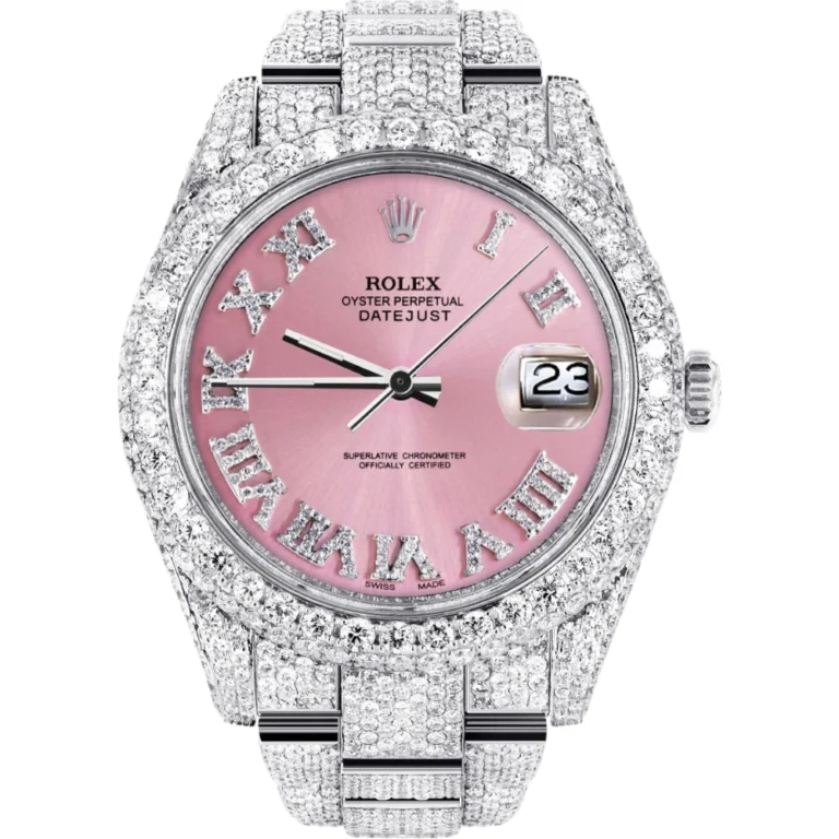 Womens Diamond Iced Out Rolex Datejust 25 Carats Of Diamonds Custom Pink Roman Numeral Diamond Dial Two Row Oyster Band Replica