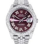 Womens Diamond Iced Out Rolex Datejust 25 Carats Of Diamonds Custom Purple Dial Two Row Jubilee Band Replica