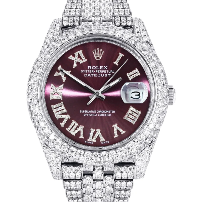 Womens Diamond Iced Out Rolex Datejust 25 Carats Of Diamonds Custom Purple Dial Two Row Jubilee Band Replica