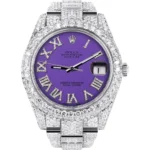 Womens Diamond Iced Out Rolex Datejust 25 Carats Of Diamonds Custom Purple Roman Numeral Diamond Dial Two Row Oyster Band Replica