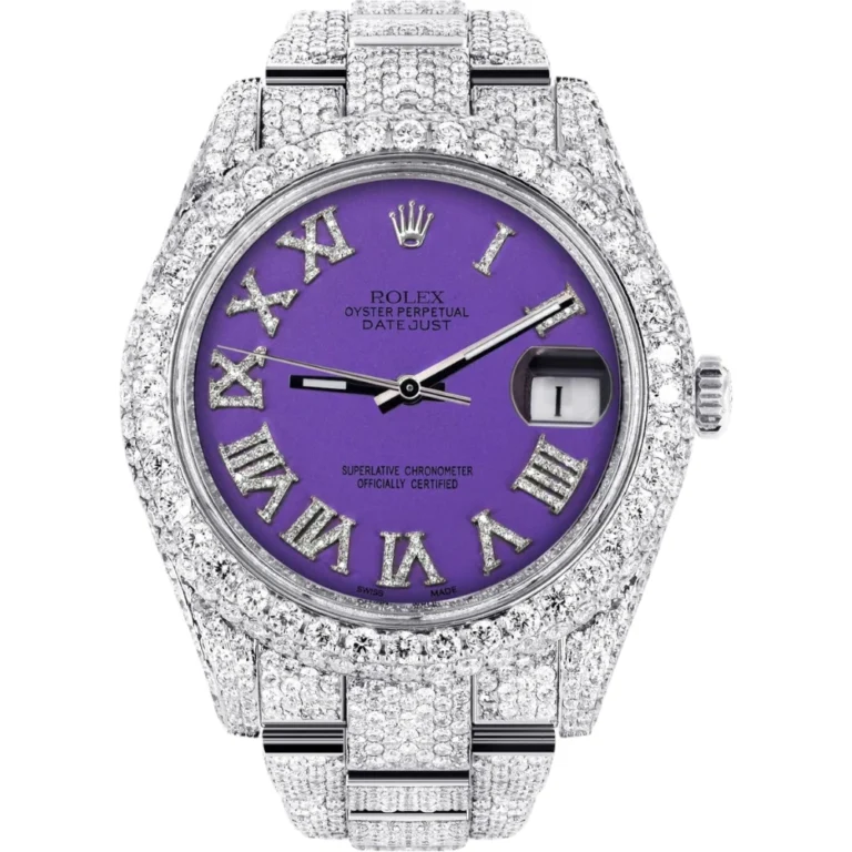 Womens Diamond Iced Out Rolex Datejust 25 Carats Of Diamonds Custom Purple Roman Numeral Diamond Dial Two Row Oyster Band Replica