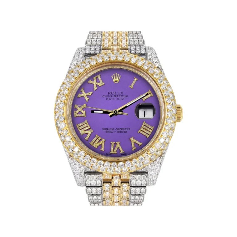 Womens Diamond Iced Out Rolex Datejust 25 Carats Of Diamonds Custom Purple Roman Numeral Diamond Dial Replica
