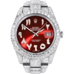 Womens Diamond Iced Out Rolex Datejust 25 Carats Of Diamonds Custom Red Arabic Numeral Diamond Dial Two Row Oyster Band Replica