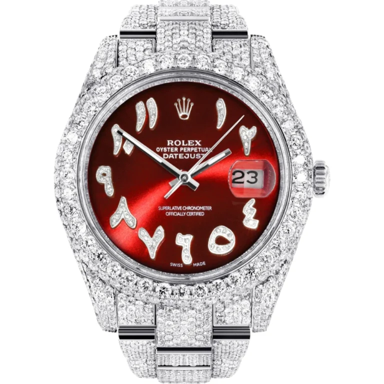 Womens Diamond Iced Out Rolex Datejust 25 Carats Of Diamonds Custom Red Arabic Numeral Diamond Dial Two Row Oyster Band Replica