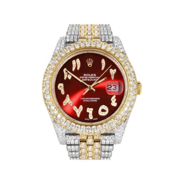 Womens Diamond Iced Out Rolex Datejust 25 Carats Of Diamonds Custom Red Arabic Numeral Diamond Dial Band Replica