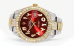 Womens Diamond Iced Out Rolex Datejust 25 Carats Of Diamonds Custom Red Arabic Numeral Diamond Dial Replica