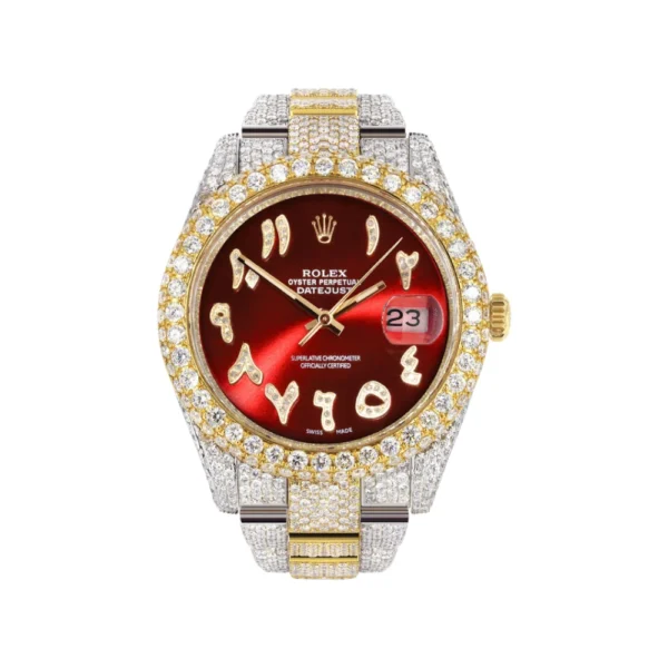 Womens Diamond Iced Out Rolex Datejust 25 Carats Of Diamonds Custom Red Arabic Numeral Diamond Dial Replica