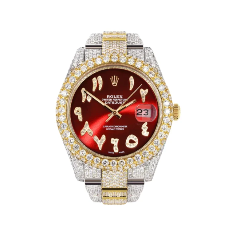 Womens Diamond Iced Out Rolex Datejust 25 Carats Of Diamonds Custom Red Arabic Numeral Diamond Dial Replica