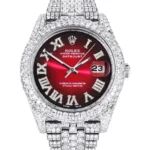 Womens Diamond Iced Out Rolex Datejust 25 Carats Of Diamonds Custom Red Black Roman Numeral Dial Two Row Jubilee Band Replica