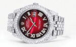 Womens Diamond Iced Out Rolex Datejust 25 Carats Of Diamonds Custom Red Black Roman Numeral Dial Two Row Jubilee Band Replica