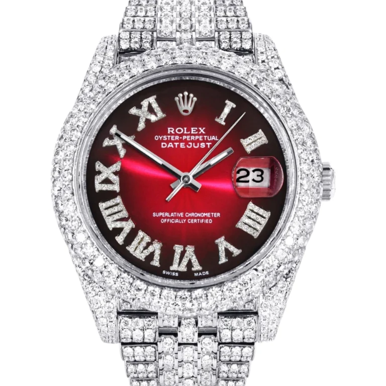 Womens Diamond Iced Out Rolex Datejust 25 Carats Of Diamonds Custom Red Black Roman Numeral Dial Two Row Jubilee Band Replica