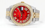 Womens Diamond Iced Out Rolex Datejust 25 Carats Of Diamonds Custom Red Mother of Pearl Roman Numeral Diamond Dial Replica