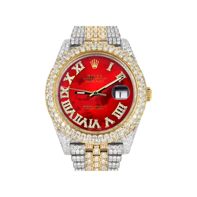 Womens Diamond Iced Out Rolex Datejust 25 Carats Of Diamonds Custom Red Mother of Pearl Roman Numeral Diamond Dial Replica