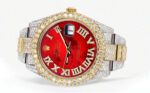 Womens Diamond Iced Out Rolex Datejust 25 Carats Of Diamonds Custom Red Mother of Pearl Roman Numeral Diamond Dial Replica