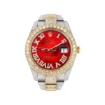 Womens Diamond Iced Out Rolex Datejust 25 Carats Of Diamonds Custom Red Mother of Pearl Roman Numeral Diamond Dial Replica