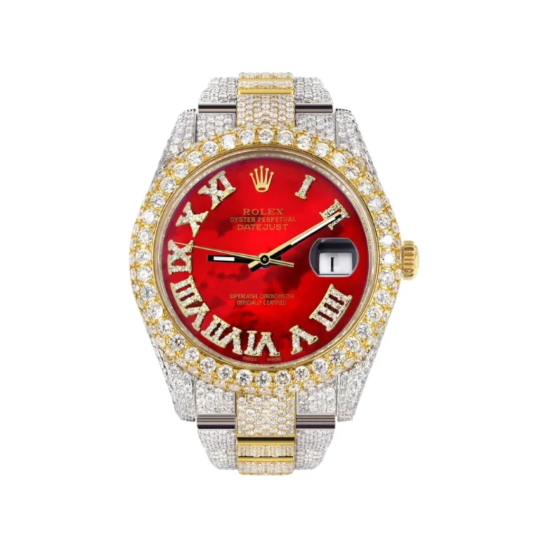 Womens Diamond Iced Out Rolex Datejust 25 Carats Of Diamonds Custom Red Mother of Pearl Roman Numeral Diamond Dial Replica