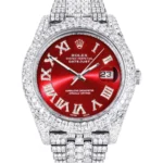 Womens Diamond Iced Out Rolex Datejust 25 Carats Of Diamonds Custom Red Roman Numeral Diamond Dial Two Row Jubilee Band Replica