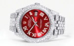 Womens Diamond Iced Out Rolex Datejust 25 Carats Of Diamonds Custom Red Roman Numeral Diamond Dial Two Row Jubilee Band Replica
