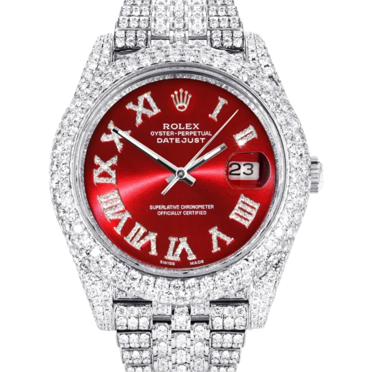 Womens Diamond Iced Out Rolex Datejust 25 Carats Of Diamonds Custom Red Roman Numeral Diamond Dial Two Row Jubilee Band Replica