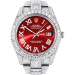 Womens Diamond Iced Out Rolex Datejust 25 Carats Of Diamonds Custom Red Roman Numeral Diamond Dial Two Row Oyster Band Replica
