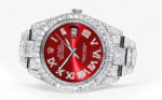 Womens Diamond Iced Out Rolex Datejust 25 Carats Of Diamonds Custom Red Roman Numeral Diamond Dial Two Row Oyster Band Replica