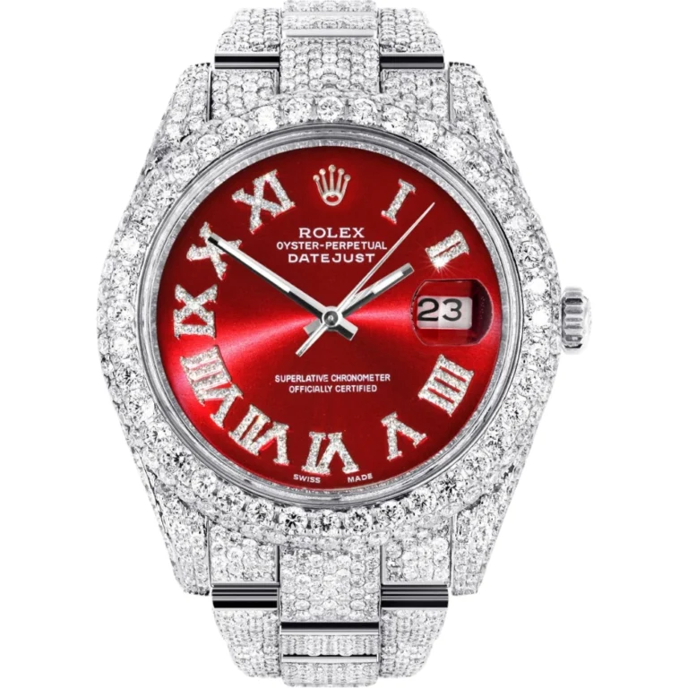 Womens Diamond Iced Out Rolex Datejust 25 Carats Of Diamonds Custom Red Roman Numeral Diamond Dial Two Row Oyster Band Replica