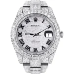 Womens Diamond Iced Out Rolex Datejust 25 Carats Of Diamonds Custom Roman Numeral Diamond Dial Two Row Oyster Band Replica