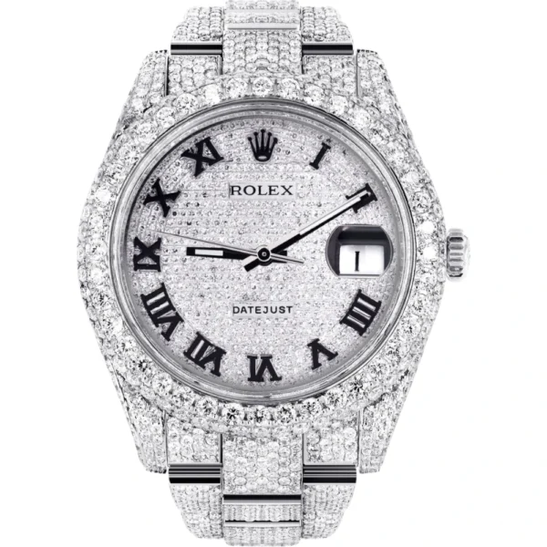 Womens Diamond Iced Out Rolex Datejust 25 Carats Of Diamonds Custom Roman Numeral Diamond Dial Two Row Oyster Band Replica