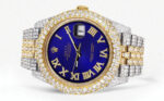 Womens Diamond Iced Out Rolex Datejust 25 Carats Of Diamonds Custom Royal Blue Roman Numeral Diamond Dial Replica