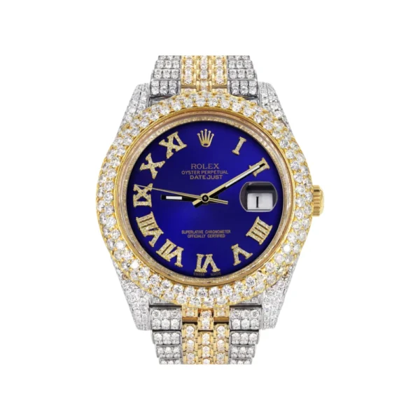Womens Diamond Iced Out Rolex Datejust 25 Carats Of Diamonds Custom Royal Blue Roman Numeral Diamond Dial Replica