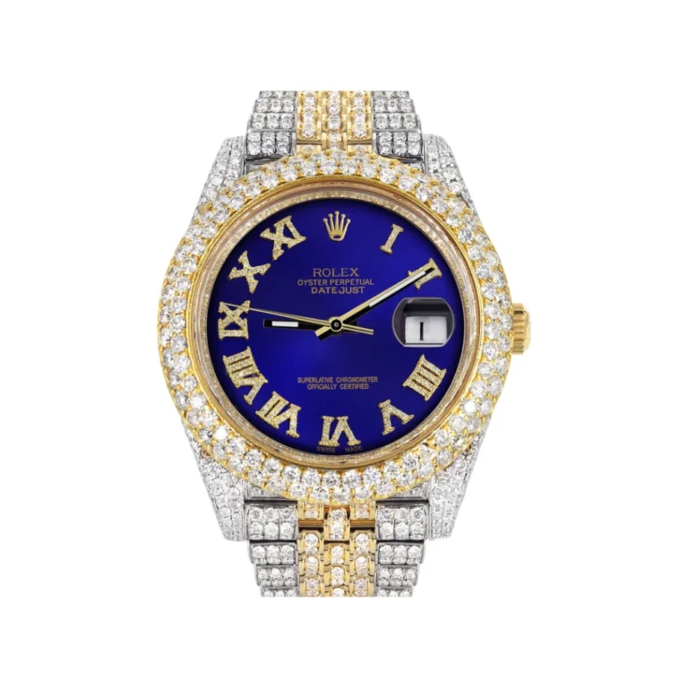 Womens Diamond Iced Out Rolex Datejust 25 Carats Of Diamonds Custom Royal Blue Roman Numeral Diamond Dial Replica