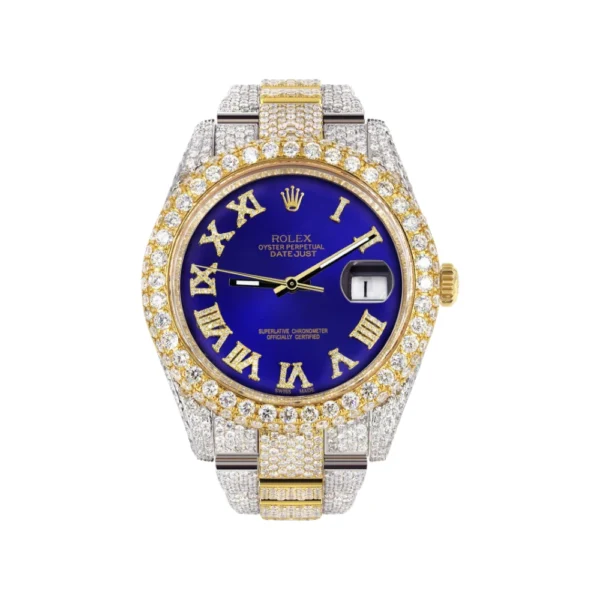 Womens Diamond Iced Out Rolex Datejust 25 Carats Of Diamonds Custom Royal Blue Roman Numeral Diamond Dial Replica