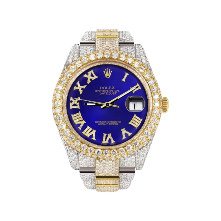 Womens Diamond Iced Out Rolex Datejust 25 Carats Of Diamonds Custom Royal Blue Roman Numeral Diamond Dial Replica