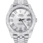 Womens Diamond Iced Out Rolex Datejust 25 Carats Of Diamonds Custom Silver Diamond Dial Two Row Jubilee Band Replica