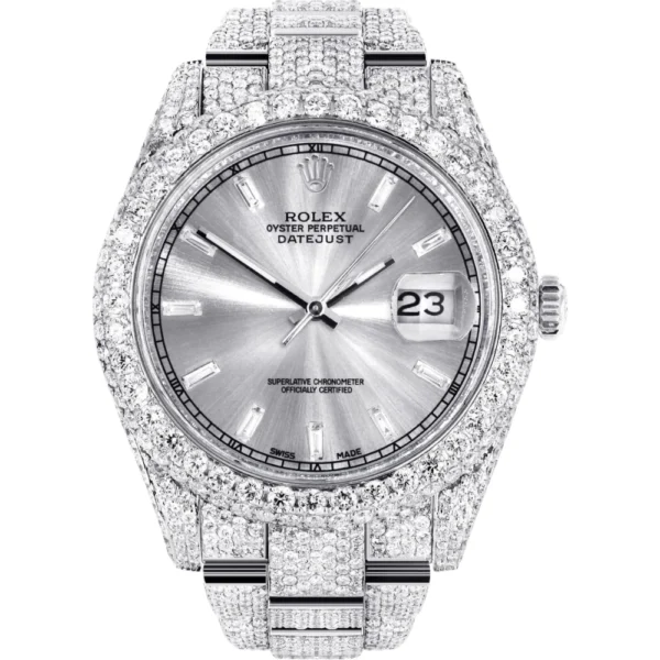 Womens Diamond Iced Out Rolex Datejust 25 Carats Of Diamonds Custom Silver Diamond Dial Two Row Oyster Band Replica
