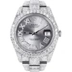 Womens Diamond Iced Out Rolex Datejust 25 Carats Of Diamonds Custom Silver Roman Numeral Diamond Dial Two Row Oyster Band Replica
