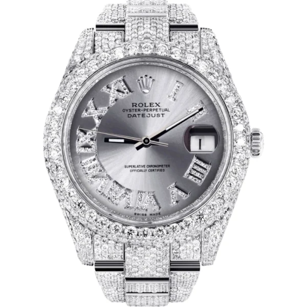 Womens Diamond Iced Out Rolex Datejust 25 Carats Of Diamonds Custom Silver Roman Numeral Diamond Dial Two Row Oyster Band Replica