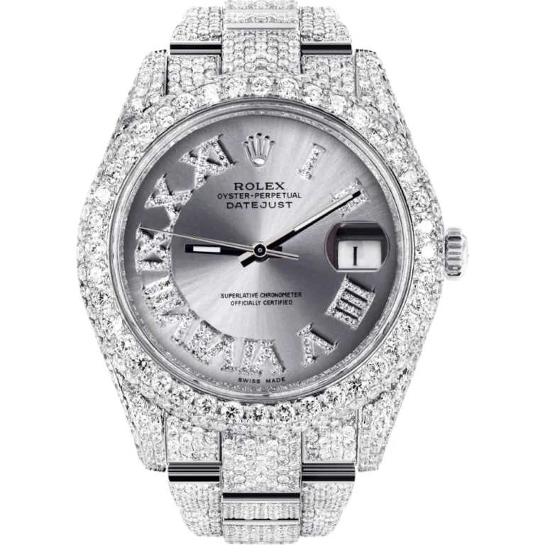 Womens Diamond Iced Out Rolex Datejust 25 Carats Of Diamonds Custom Silver Roman Numeral Diamond Dial Two Row Oyster Band Replica