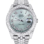 Womens Diamond Iced Out Rolex Datejust 25 Carats Of Diamonds Custom Teal Roman Diamond Dial Two Row Jubilee Band Replica