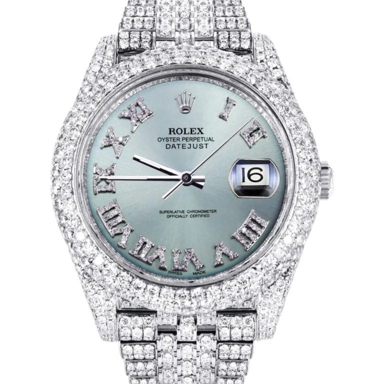 Womens Diamond Iced Out Rolex Datejust 25 Carats Of Diamonds Custom Teal Roman Diamond Dial Two Row Jubilee Band Replica